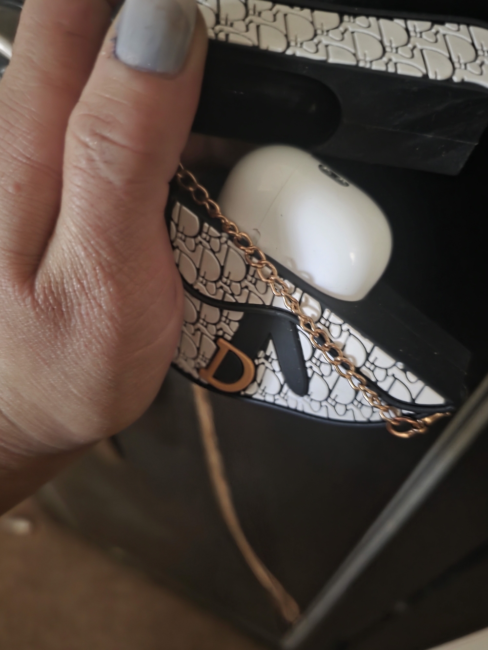 Dior Logo Saddle Air Pods Holder - White & Black with Gold Accent - Picture 3 of 3